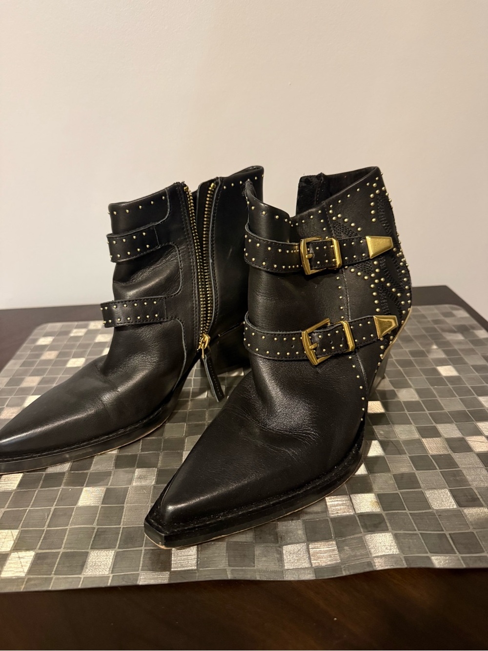 Dolce Vita Black Leather Pointed Ankle Boots with Gold Buckles